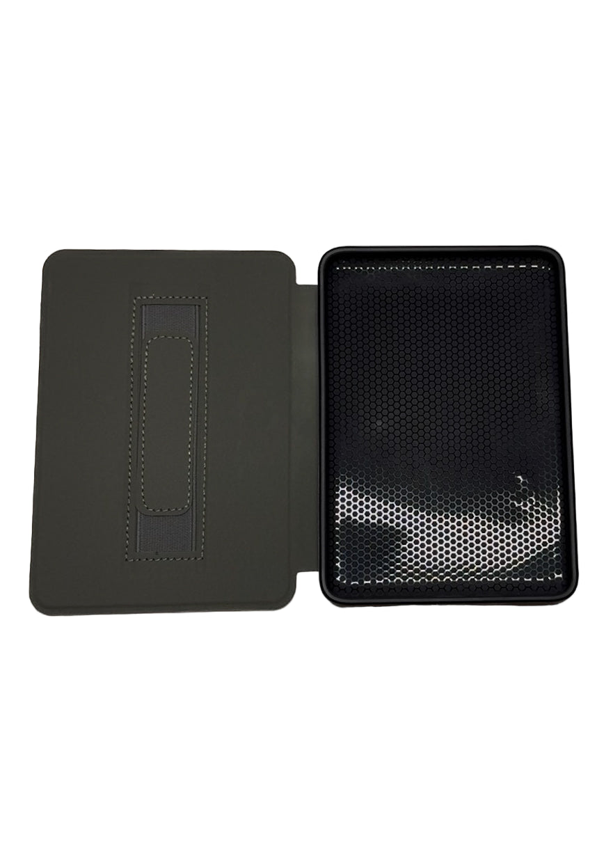 Black leather case with textured interior on a white background