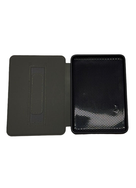 Black leather case with textured interior on a white background