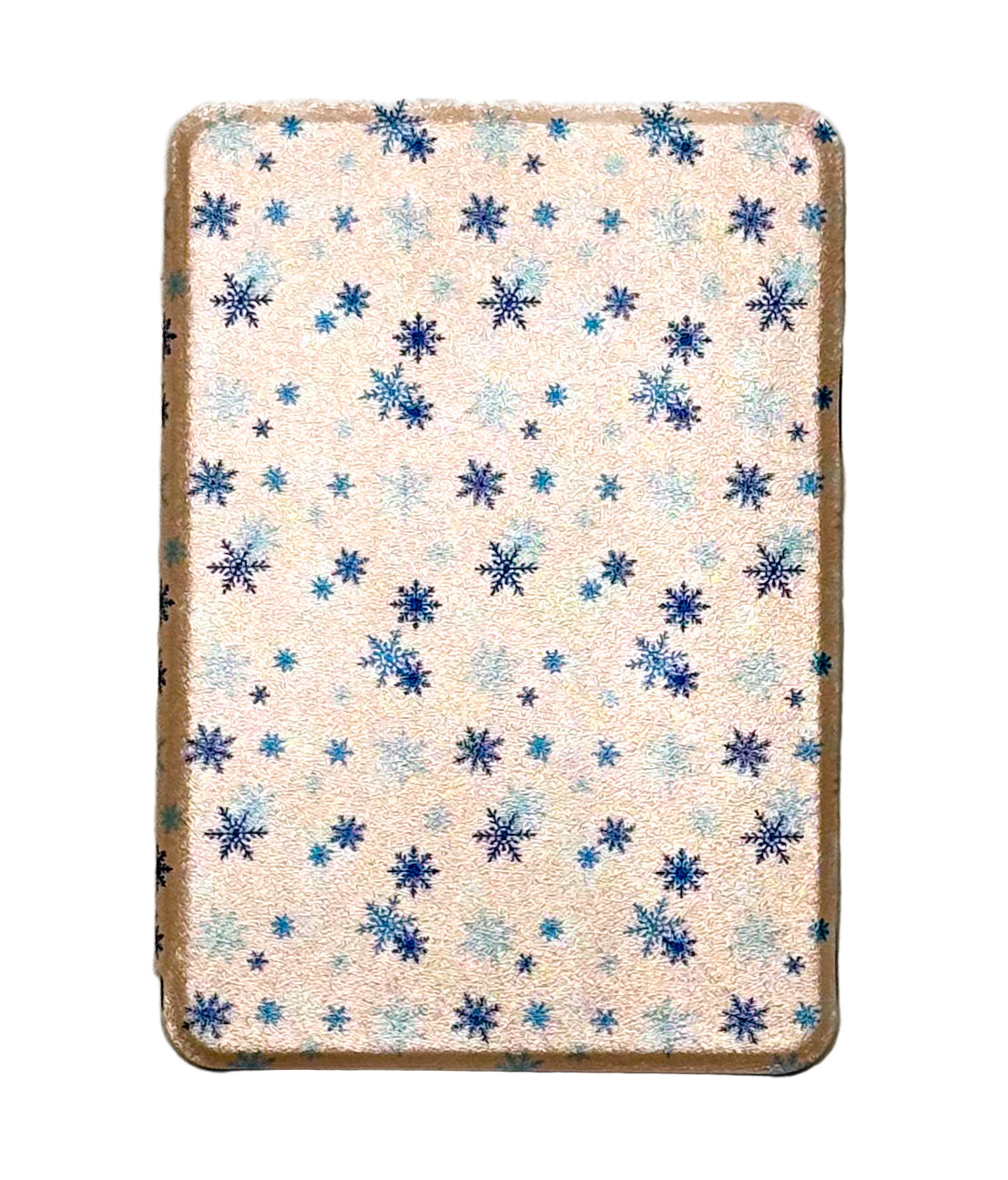 Champagne kindle case with blue snowflake pattern on a white background